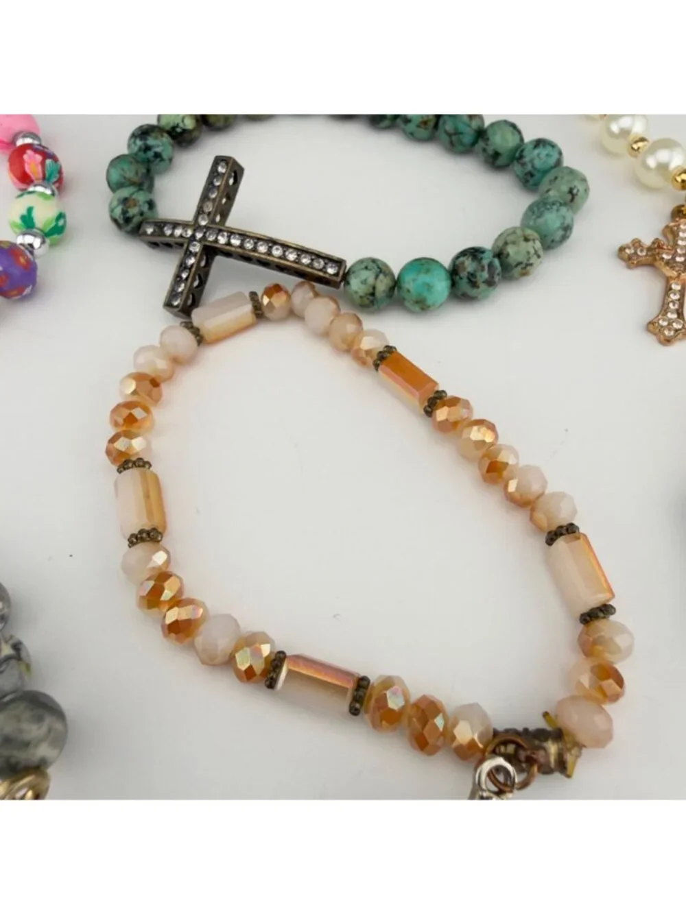 Mixed Cross Charm Beaded Stretch Bracelets Set Of 6 Multicolor